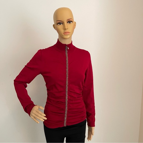 Red Rhinestone Embellished Ruched Long Sleeve Turtleneck Zip-up Blouse - Picture 2 of 8